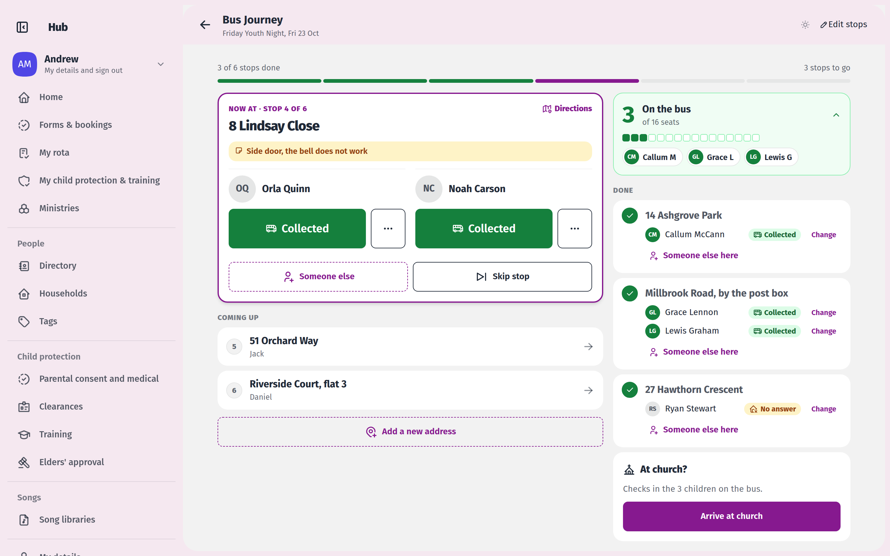 A bus run, listing stops and the passengers at each