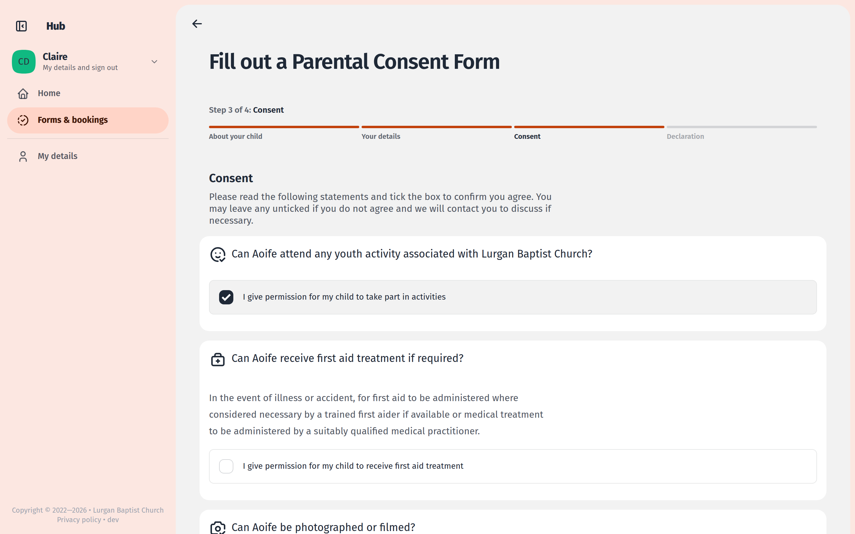 The consent step of the parental consent form